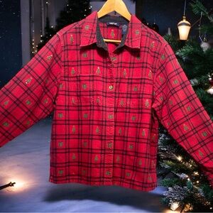 Women’s Krazy Kat red plaid cotton shirt/jacket XXL vintage Christmas whimsical